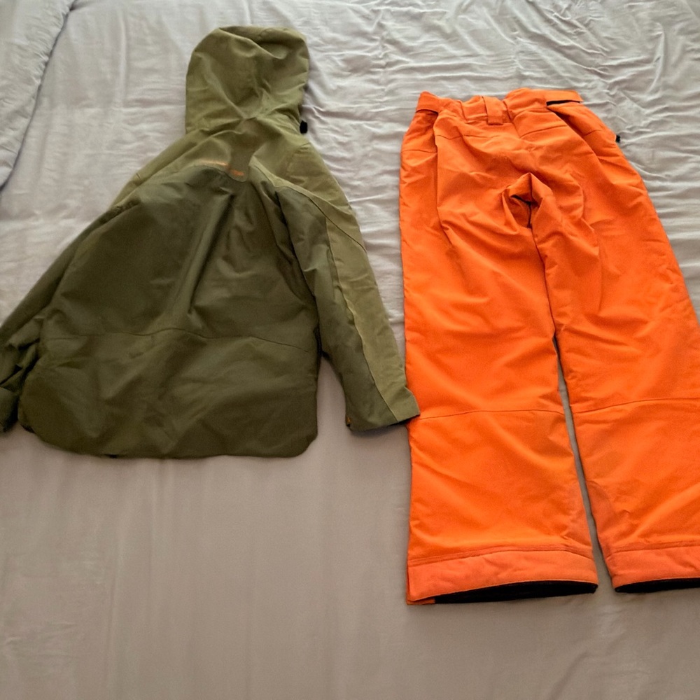 Olive Green Hooded Jacket and Bright Orange Snow Pants Set